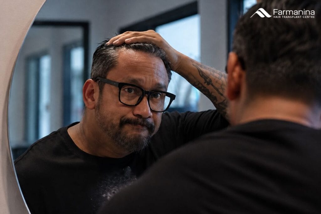 Laki-laki melihat kaca dengan rambut botak di depan